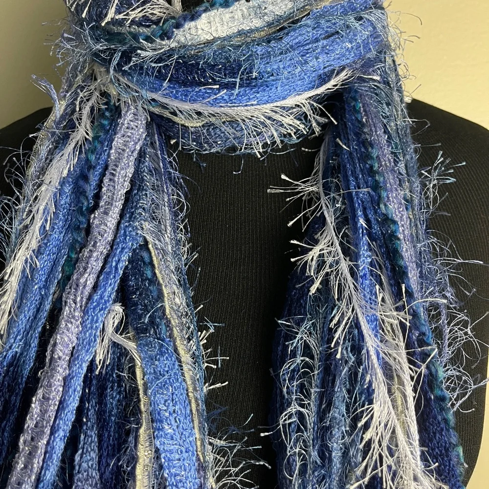 Blue and White Fringed Scarf - Picture 2 of 7